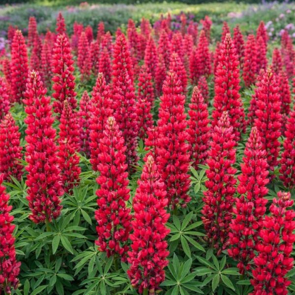 A Lupinus x hybrida piros csillagfürt teljes virágzásban.