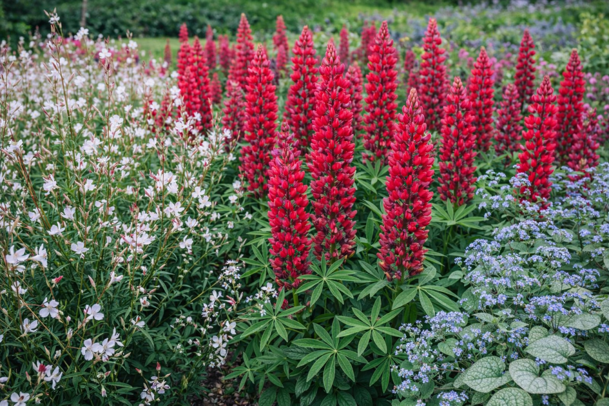 A Lupinus x hybrida piros csillagfürt vegyes ágyásban, díszgyertyával, kaukázusi nefelejccsel.