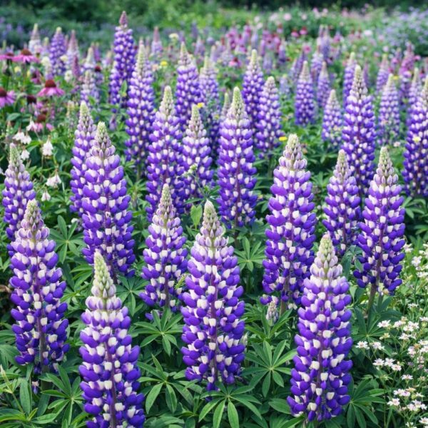 A liláskék virágú Lupinus x hybrida csoportos beültetésben.
