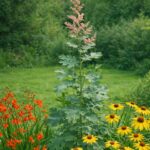A Macleaya cordata vegyes évelő ágyásban, kúpvirággal, sáfrányfűvel.