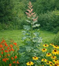 A Macleaya cordata vegyes évelő ágyásban, kúpvirággal, sáfrányfűvel.