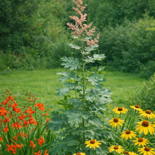 A Macleaya cordata vegyes évelő ágyásban, kúpvirággal, sáfrányfűvel.