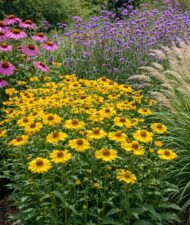 Vegyes ágyásba ültetett sárga virágú napfényvirág.