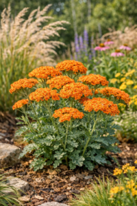 Virágágyásba ültetett narancssárga cickafark ábrázolás közelről.