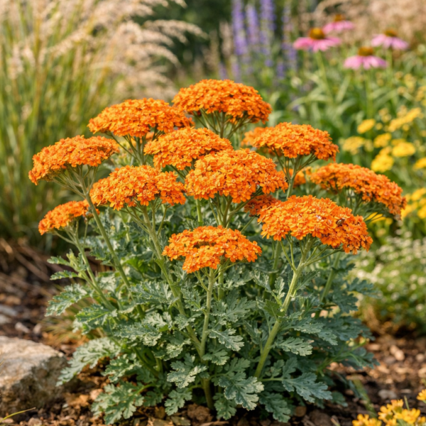 Virágágyásba ültetett narancssárga cickafark ábrázolás közelről.