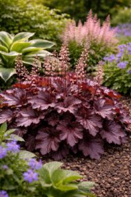 Virágágyásba ültetett vöröslevelű tűzeső virágzásban.