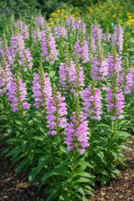 A Physostegia virginiana, rózsaszín füzérajak teljes virágzásban.