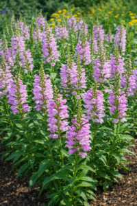 A Physostegia virginiana, rózsaszín füzérajak teljes virágzásban.