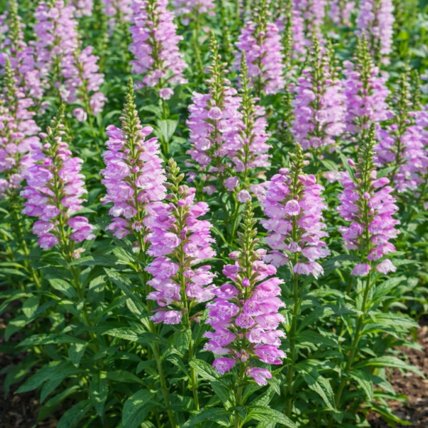A Physostegia virginiana, rózsaszín füzérajak teljes virágzásban.