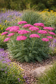 A rózsaszín cickafark vegyes évelőnövények mellett.