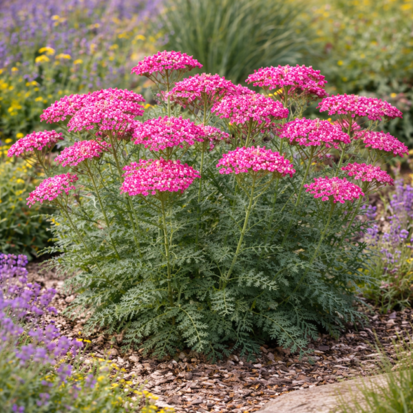A rózsaszín cickafark vegyes évelőnövények mellett.