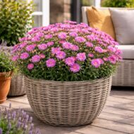 Kaspóba ültetett rózsaszín őszirózsa teljes virágzásban, teraszra helyezve.