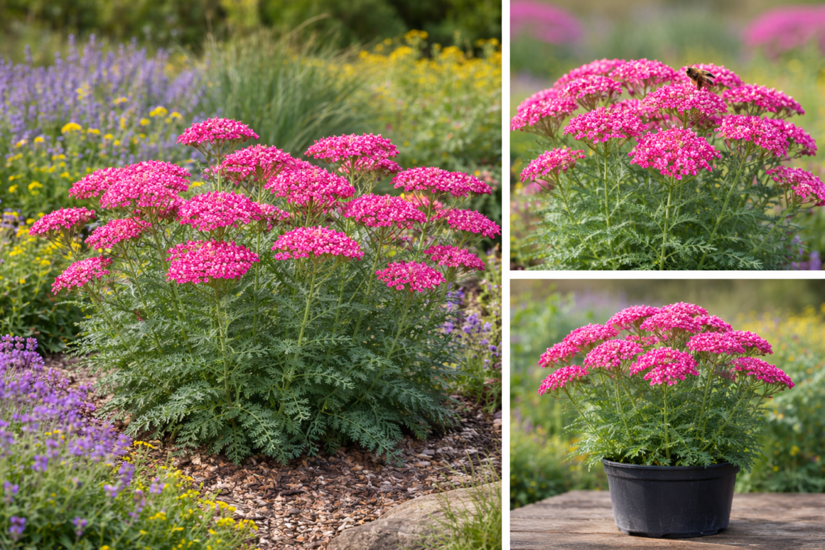Kifejlett Achillea millefolium rózsaszLn virágokkal.