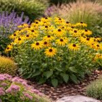 Teljes virágzásban a kúpvirág sárga virágai, más évelők mellett.