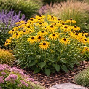 Teljes virágzásban a kúpvirág sárga virágai, más évelők mellett.