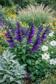 Az indigólila zsálya (Salvia Amistad) vegyes évelő ágyásban