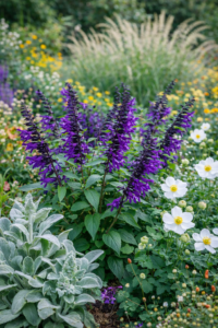 Az indigólila zsálya (Salvia Amistad) vegyes évelő ágyásban