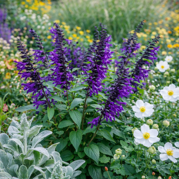 Az indigólila zsálya (Salvia Amistad) vegyes évelő ágyásban