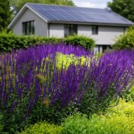 Caradonna ligeti zsálya modern, napelemes ház előkertjében