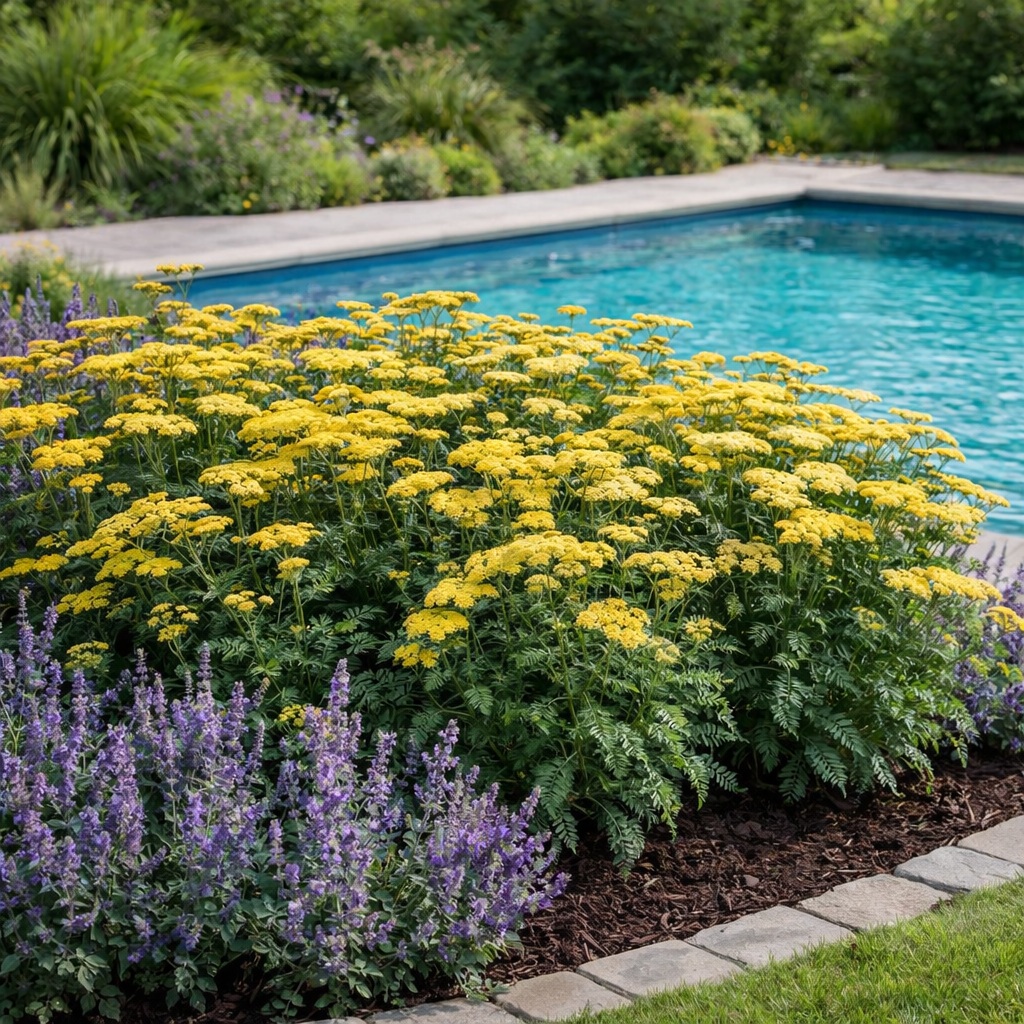 achillea_millefolium_sarga_cickafark Sárga virágú cickafark Achillea millefolium zsályával medence melletti kerti ágyásban