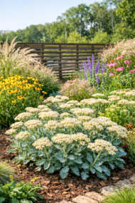 Vegyes ágyásba ültetett Sedum telephium Hab Grey.