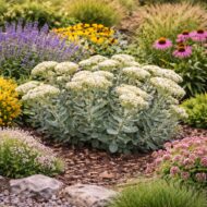 Vegyes évelő ágyásba ültetett varjúháj teljes virágzásban.