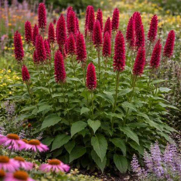 Az örökzöld keserűfű vegyes virágágyásban.