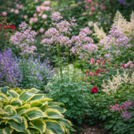 A Thalictrum delavayi vegyes, virágzó évelő ágyásba kiültetve, illusztráció.