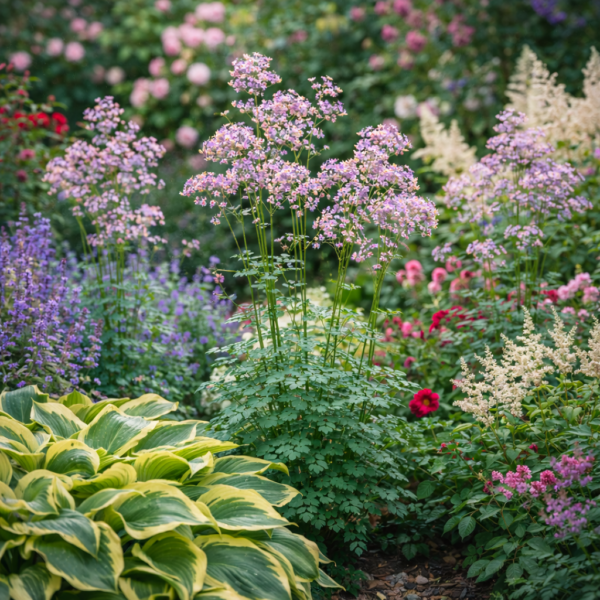 A Thalictrum delavayi vegyes, virágzó évelő ágyásba kiültetve, illusztráció.
