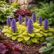 Az ajuga azaz a sárga levelű ínfű ágyásba ültetve