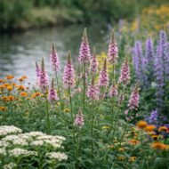 Dús rózsaszín verbéna virágzása, vegyes évelő ágyásban.