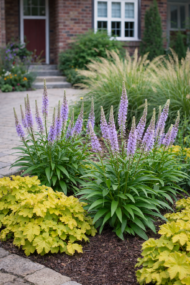 Veronicastrum virginicum Lavendelturm sárga tűzesővel ültetve,virágágyásban.