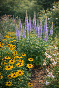 A Veronicastrum virginicum Fascination fajta vegyes évelőágyásba ültetve.
