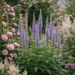 Teljes virágzásban a virginiai veronika, vegyes évelő ágyásban illusztrálva.