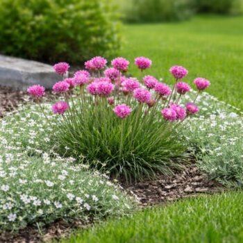 Armeria maritima – Tengerparti pázsitszegfű napos modern kertben, molyhos madárhúrral társítva.
