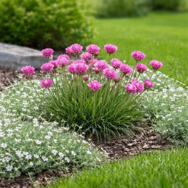 Armeria maritima – Tengerparti pázsitszegfű napos modern kertben, molyhos madárhúrral társítva.