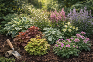 Árnyékos kertrész növényei.