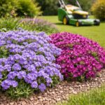 Aubrieta gracilis – Pázsitviola napos kertben fűnyíróval a háttérben