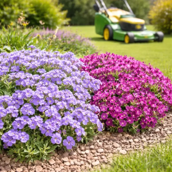 Aubrieta gracilis – Pázsitviola napos kertben fűnyíróval a háttérben
