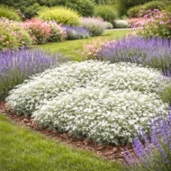 Molyhos madárhúr (Cerastium tomentosum) vegyes évelőágyásban, levendulával társítva.