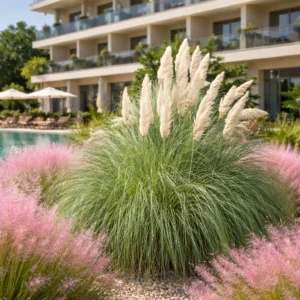 Cortaderia selloana ‘Pumila’ – törpe fehér pampafű vattacukorfűvel társítva, modern hotelkertben
