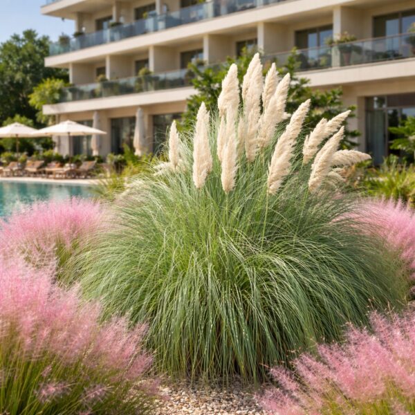 Cortaderia selloana ‘Pumila’ – törpe fehér pampafű vattacukorfűvel társítva, modern hotelkertben