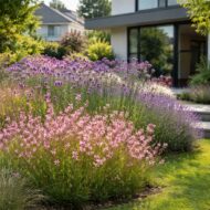 Gaura lindheimeri és Verbena bonariensis modern kertben – kortárs családi ház előkertje