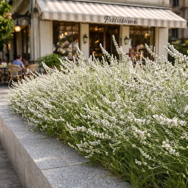 **Fehér levendula cukrászda előtt – Lavandula x intermedia ‘Edelweiss’ modern városi környezetben.