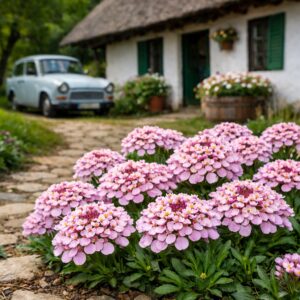 Iberis sempervirens – halvány rózsaszín tatárvirág parasztházi udvarban.