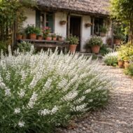 Fehér levendula (Lavandula x intermedia ‘Edelweiss’) rusztikus parasztház udvarában