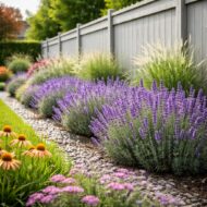 Kerítés menti levendulaágyás – Lavandula ‘Arabian Nights’ modern kerti beültetésben.