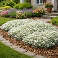 Cerastium tomentosum azaz a Molyhos madárhúr mulcsozott előkertben.