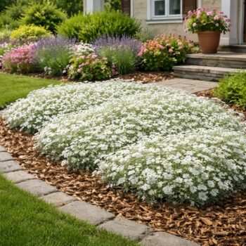 Cerastium tomentosum azaz a Molyhos madárhúr mulcsozott előkertben.