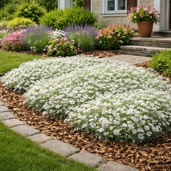 Cerastium tomentosum azaz a Molyhos madárhúr mulcsozott előkertben.